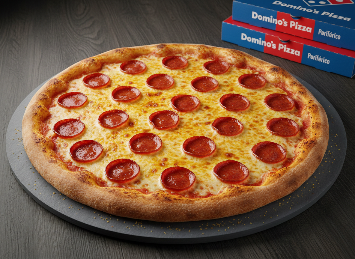 A large, perfectly baked Domino’s-style pepperoni pizza on a clean, slate-gray pizza stone, with evenly spaced glossy pepperoni slices slightly curled at the edges, glistening with tiny droplets of oil over golden, stretchy mozzarella. The crust is thick, evenly browned, and dusted with fine cornmeal grains. The pizza rests on a dark wooden table with a subtle grain, beside neatly folded branded pizza boxes labeled “Domino’s Pizza Periférico.” Soft, diffused studio lighting from above and slightly to the side makes the cheese shine and casts gentle, controlled shadows, creating a professional, appetizing mood. Shot from a slightly elevated angle with sharp focus throughout, in photographic realism, with a clean, modern, advertisement-ready composition.